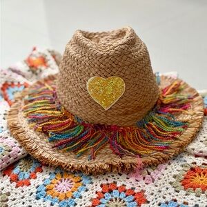 Colorful Straw Hat with sequin Heart Patch and fringe